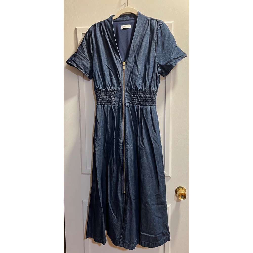 Nine West Womens Denim Zip Front Smocked Waist Midi Dress Blue Large 38" Chest